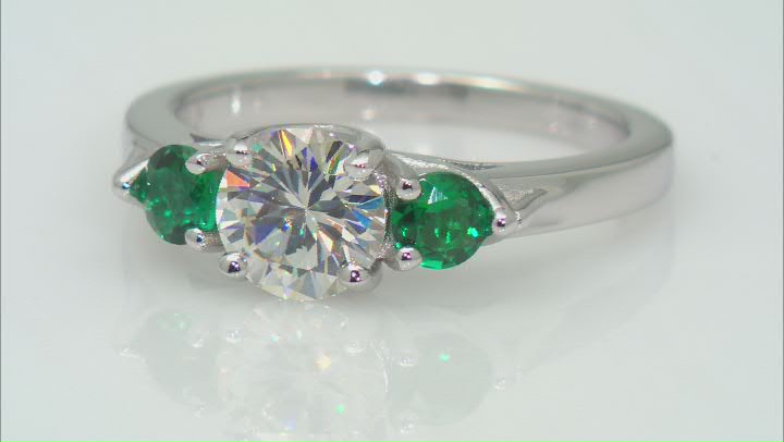 Strontium Titanate and lab created emerald rhodium over silver three stone ring 2.13ctw Video Thumbnail