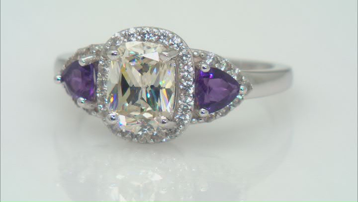 Strontium Titanate And African Amethyst And White Zircon Rhodium Over Silver Ring 2.59ctw Video Thumbnail
