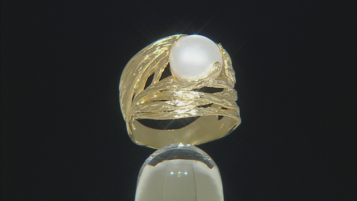 8-9MM White Cultured Freshwater Pearl 18K Yellow Gold Over Silver Nest Ring Video Thumbnail