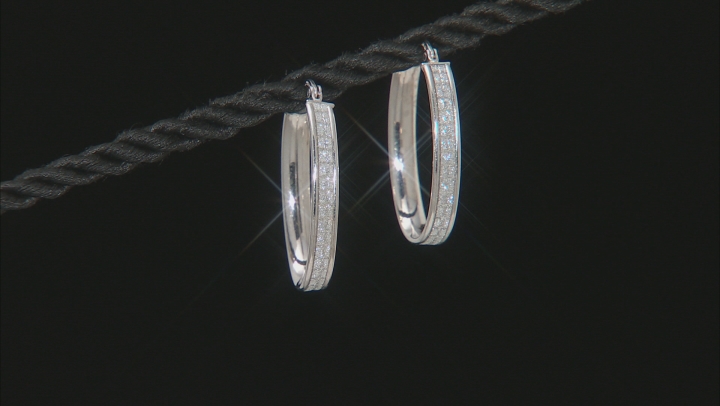 Rhodium Over Sterling Silver 15MM Glitter Pattern Oval Hoop Earrings Video Thumbnail