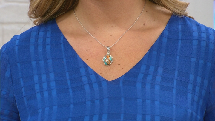Kingman Turquoise/Spiny Oyster Shell Rhodium Over Silver Enhancer W/ Chain Video Thumbnail