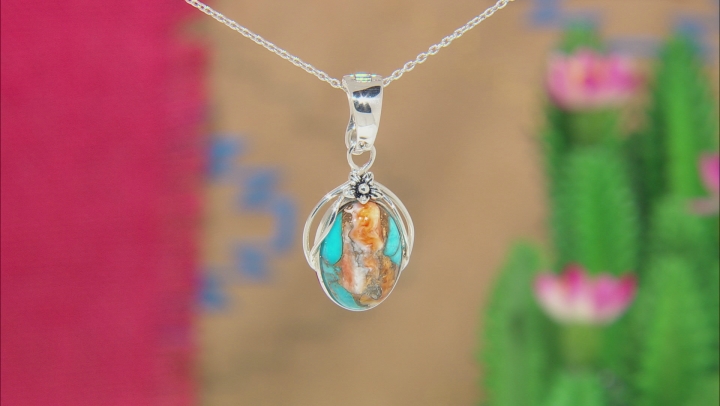 Kingman Turquoise/Spiny Oyster Shell Rhodium Over Silver Enhancer W/ Chain Video Thumbnail