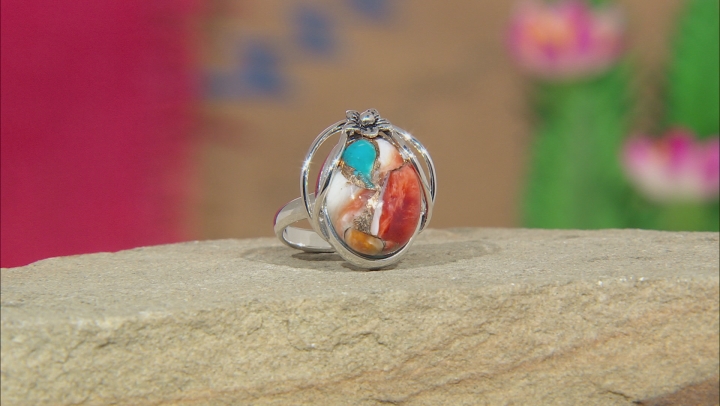 Kingman Turquoise/Spiny Oyster Shell Rhodium Over Silver Ring Video Thumbnail