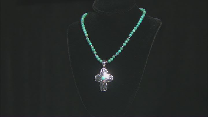 Round Turquoise Rhodium Over Silver Cross Enhancer and Bead Necklace Video Thumbnail