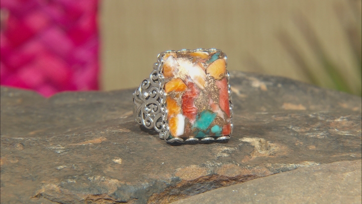 Kingman Turquoise Blended With Spiny Oyster Shell Rhodium Over Silver Ring Video Thumbnail
