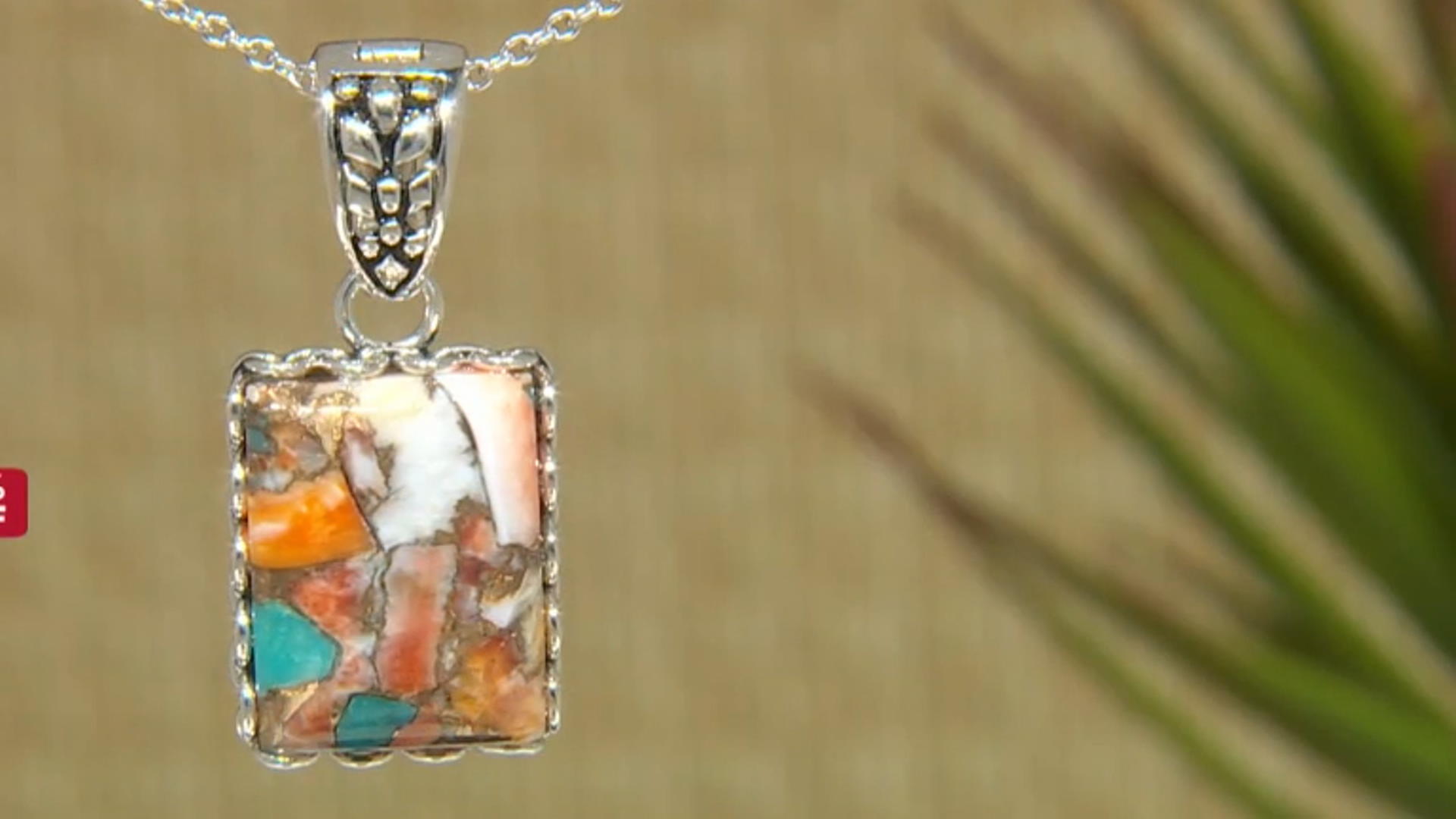 Kingman Turquoise Blended With Spiny Oyster Shell Rhodium Over Silver Enhancer W/ Chain Video Thumbnail