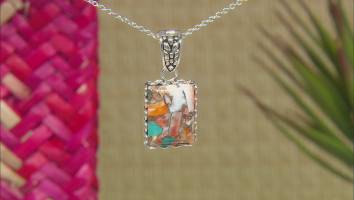 Kingman Turquoise Blended With Spiny Oyster Shell Rhodium Over Silver Enhancer W/ Chain Video Thumbnail