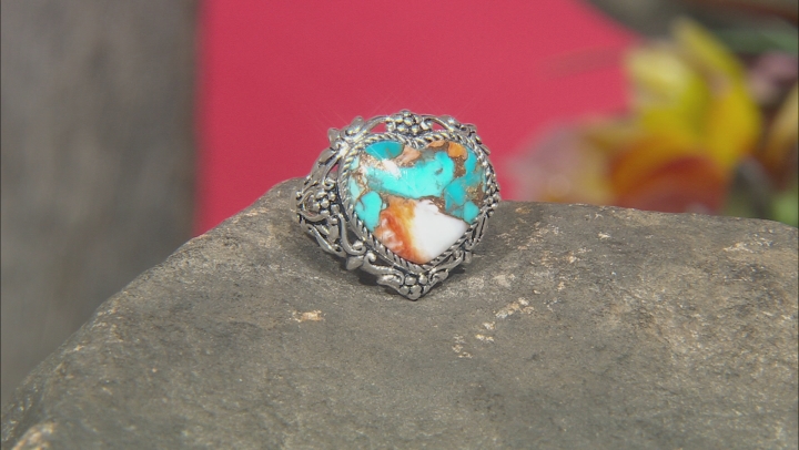 Blended Kingman Turquoise And Spiny Oyster Shell Rhodium Over Silver Ring Video Thumbnail