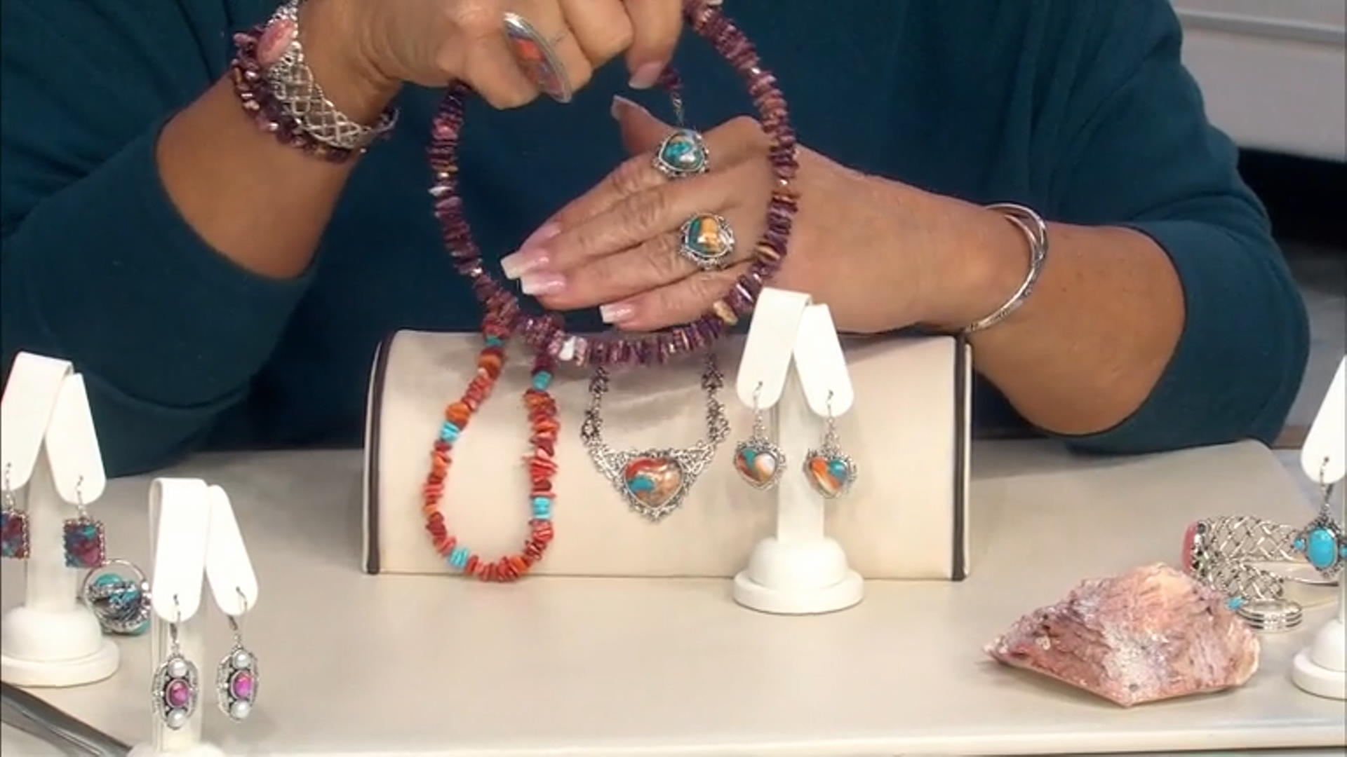 Blended Kingman Turquoise With Spiny Oyster Shell Rhodium Over Silver Earrings Video Thumbnail