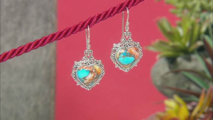 Blended Kingman Turquoise With Spiny Oyster Shell Rhodium Over Silver Earrings Video Thumbnail