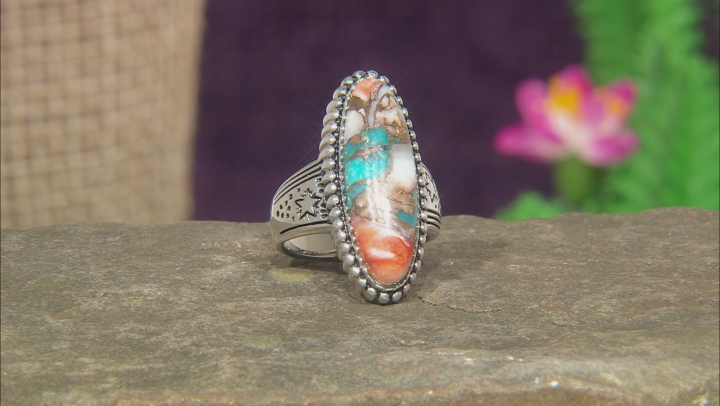 Blended Turquoise And Spiny Oyster Shell Rhodium Over Silver Solitaire Ring Video Thumbnail