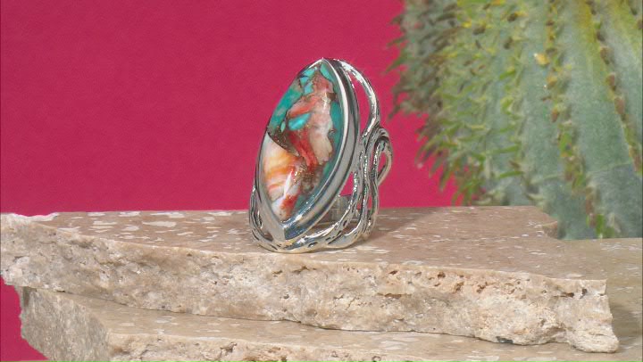Blended Turquoise And Spiny Oyster Shell Rhodium Over Silver Ring Video Thumbnail