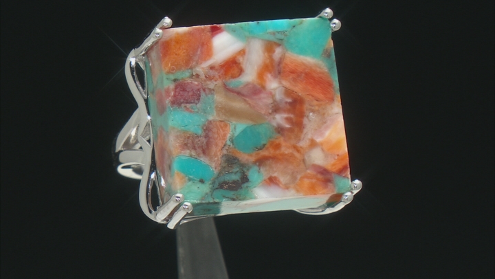 Blended Turquoise And Spiny Oyster Shell Rhodium Over Silver Ring Video Thumbnail