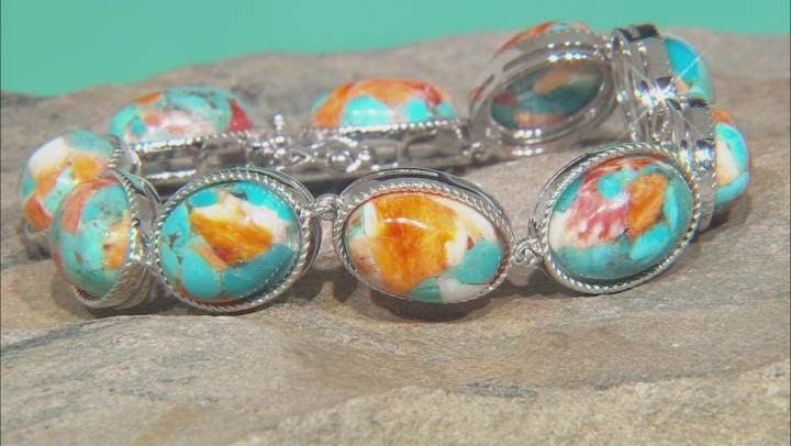 Blended Turquoise And Spiny Oyster Shell Rhodium Over Silver Bracelet