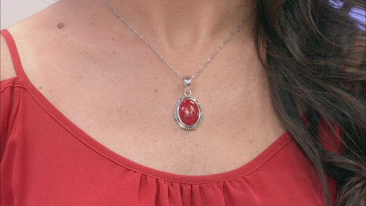 Coral Cabochon Rhodium Over Silver Enhancer With 18" Chain Video Thumbnail