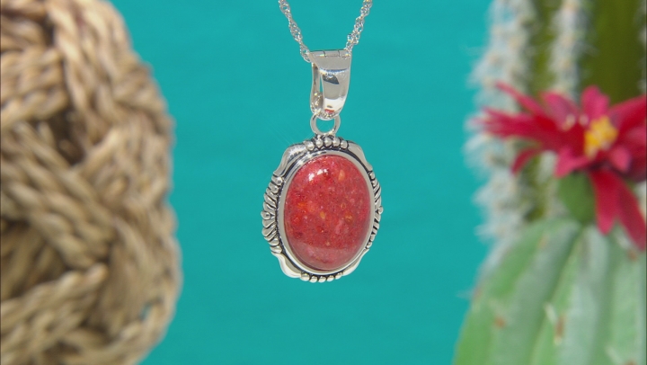 Coral Cabochon Rhodium Over Silver Enhancer With 18" Chain Video Thumbnail