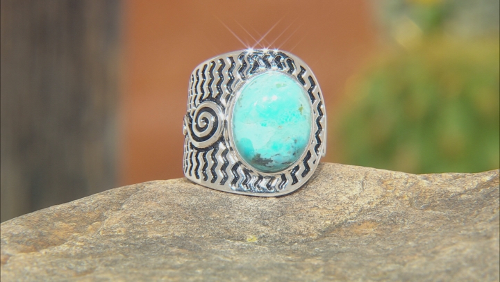 Turquoise Cabochon Rhodium Over Silver Solitaire Ring Video Thumbnail