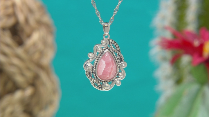 Pink Cabochon Rhodochrosite Rhodium Over Silver Pendant With Chain 12x8mm Video Thumbnail