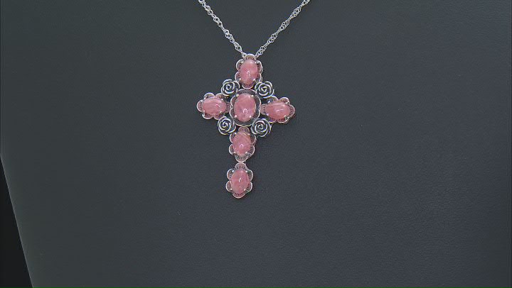 Pink Rhodochrosite Sterling Silver Cross Pendant With Chain Video Thumbnail