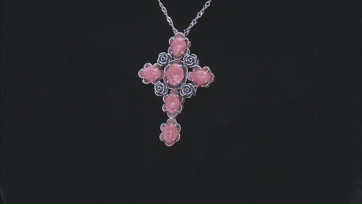 Pink Rhodochrosite Sterling Silver Cross Pendant With Chain Video Thumbnail