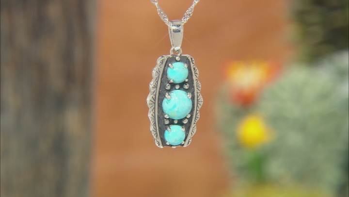 Round Blue Turquoise Rhodium Over Silver 3-Stone Pendant With 18" Chain