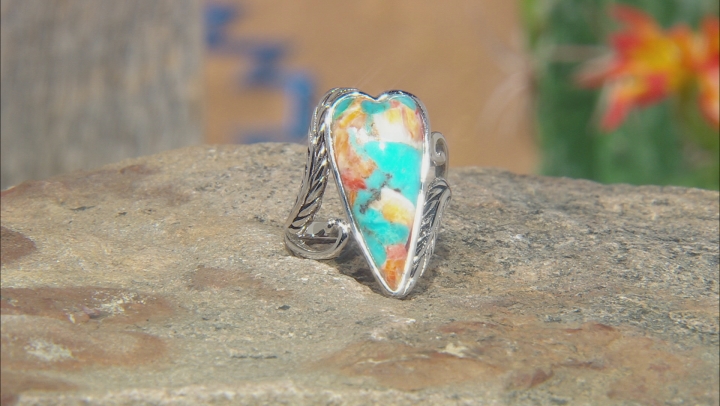 Turquoise and Spiny Oyster Shell Rhodium Over Silver Ring 25x10x5 Video Thumbnail