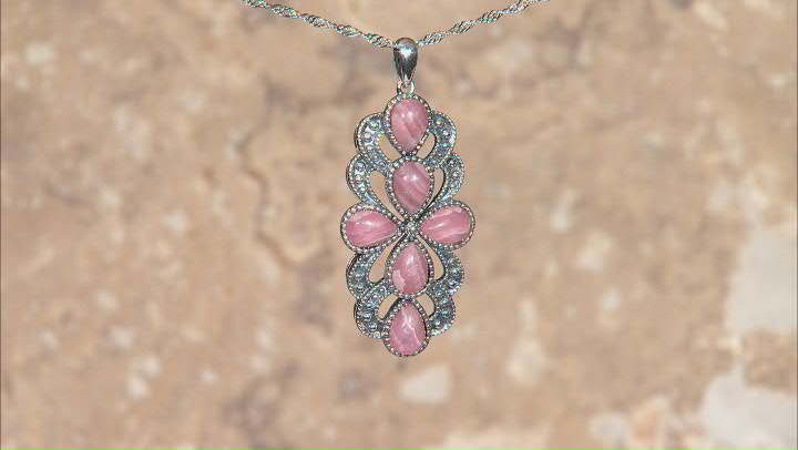 Pink Rhodochrosite Rhodium Over Silver Pendant with Chain Video Thumbnail