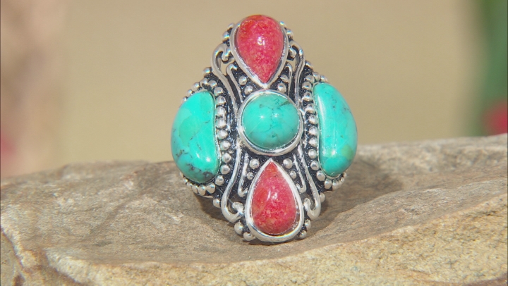 Turquoise and Coral Rhodium Over Sterling Silver 5-Stone Ring