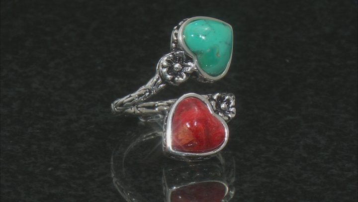Turquoise and Coral Rhodium Over Sterling Silver 2-Stone Bypass Ring Video Thumbnail