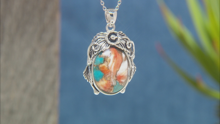Blended Turquoise and Spiny Oyster Rhodium Over Silver Pendant w Chain Video Thumbnail
