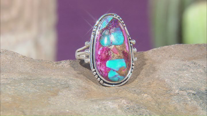 Blended Purple Spiny Oyster with Turquoise Rhodium Over Silver Ring Video Thumbnail