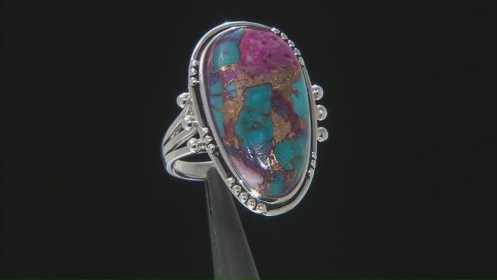 Blended Purple Spiny Oyster with Turquoise Rhodium Over Silver Ring Video Thumbnail