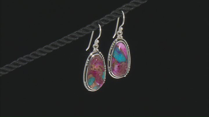 Blended Purple Spiny Oyster with Turquoise Rhodium Over Silver Earrings 20x10mm