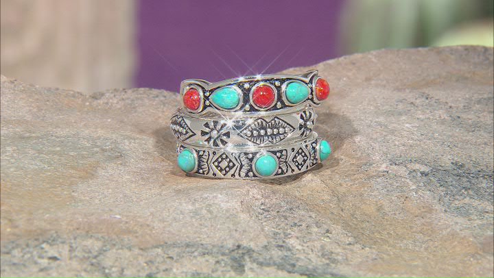 Blue Turquoise and Sponge Coral Sterling Silver Set of 3 Rings Video Thumbnail