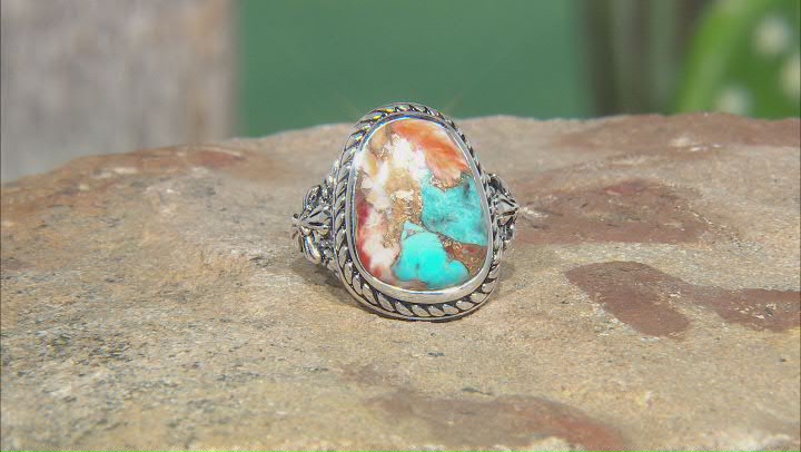 Blended Turquoise and Spiny Oyster Shell Rhodium Over Silver Ring Video Thumbnail