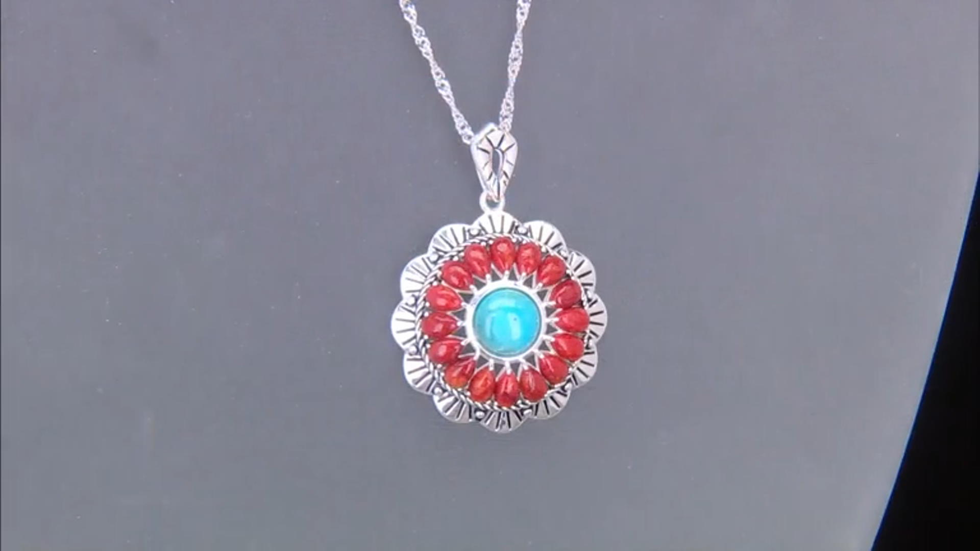 Turquoise with Pear Shaped Coral Rhodium Over Sterling Silver Pendant with 18" Chain Video Thumbnail