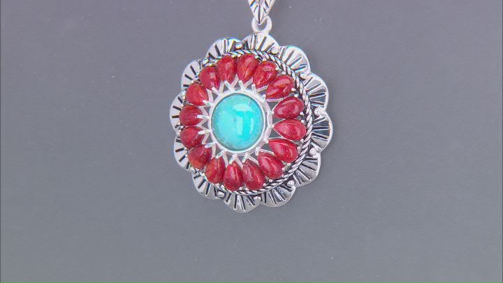 Turquoise with Pear Shaped Coral Rhodium Over Sterling Silver Pendant with 18" Chain Video Thumbnail