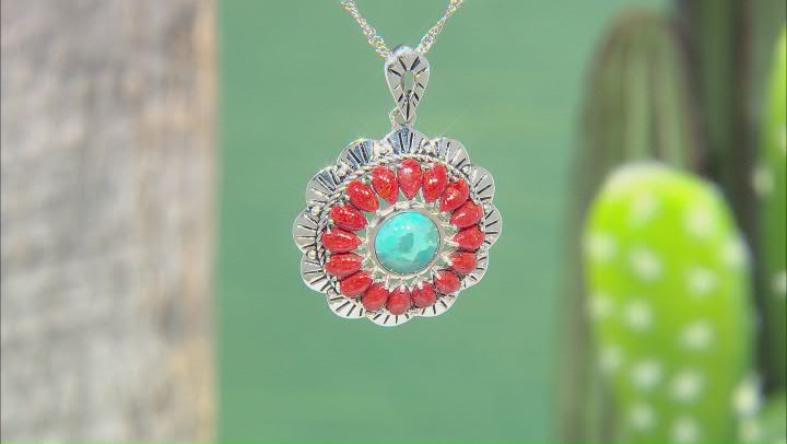 Turquoise with Pear Shaped Coral Rhodium Over Sterling Silver Pendant with 18" Chain Video Thumbnail