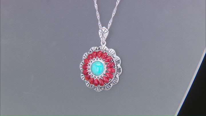 Turquoise with Pear Shaped Coral Rhodium Over Sterling Silver Pendant with 18" Chain Video Thumbnail