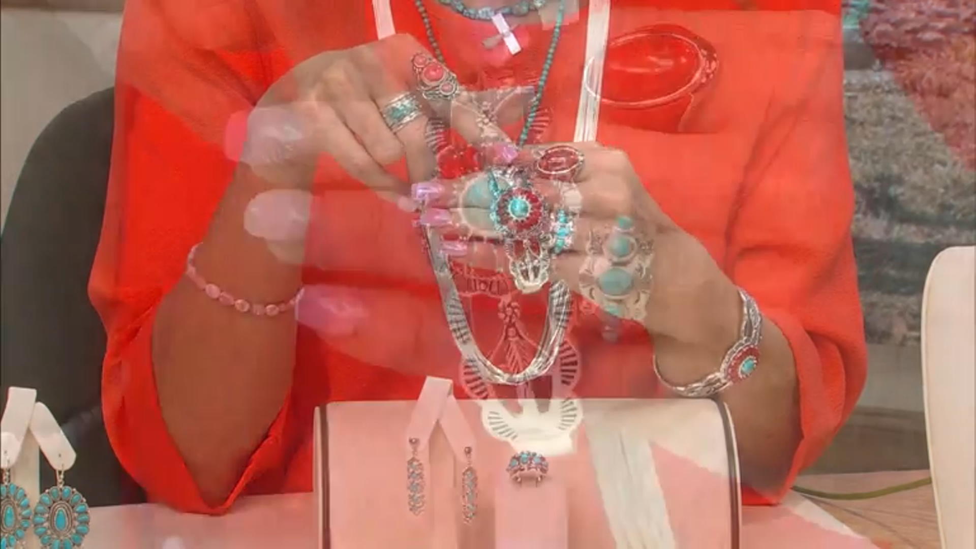 Turquoise with Pear Shaped Coral Rhodium Over Sterling Silver Cuff Bracelet Video Thumbnail