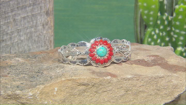 Turquoise with Pear Shaped Coral Rhodium Over Sterling Silver Cuff Bracelet Video Thumbnail