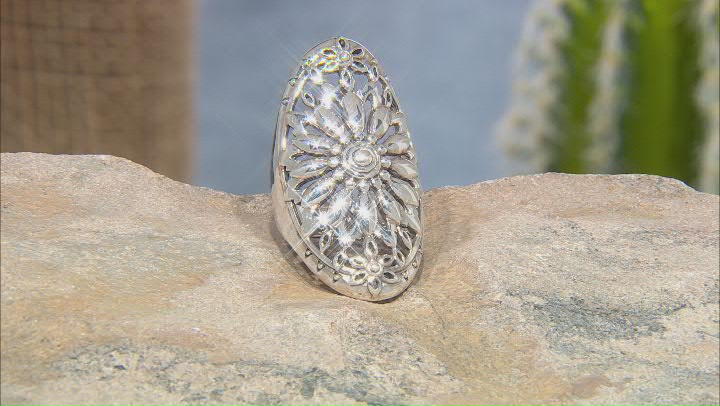 Rhodium Over Sterling Silver Floral Design Dome Ring Video Thumbnail