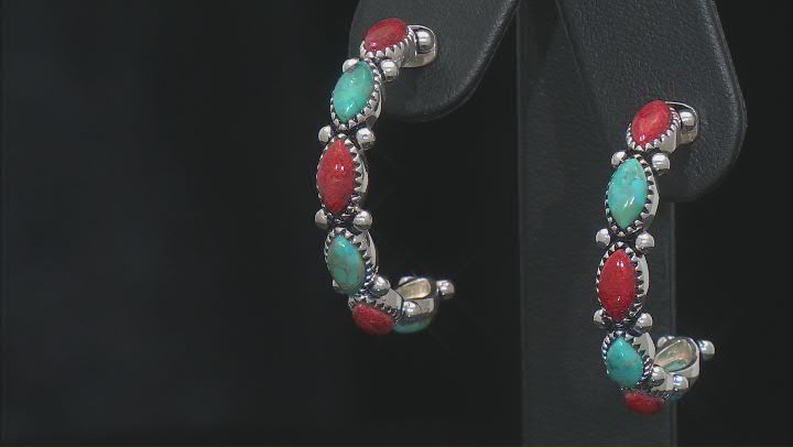 Turquoise and Red Sponge Coral Rhodium Over Silver J Hoop Earrings Video Thumbnail