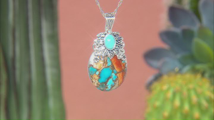 Blue Sleeping Beauty Turquoise and Spiny Shell Rhodium Over Silver Enhancer With 18" Chain Video Thumbnail