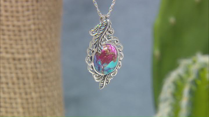 Blended Turquoise & Purple Oyster Shell Rhodium Over Silver Pendant With 18" Chain Video Thumbnail