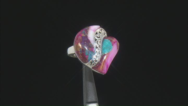 Purple Spiny Oyster Shell and Blue Turquoise Rhodium Over Silver Heart Ring Video Thumbnail