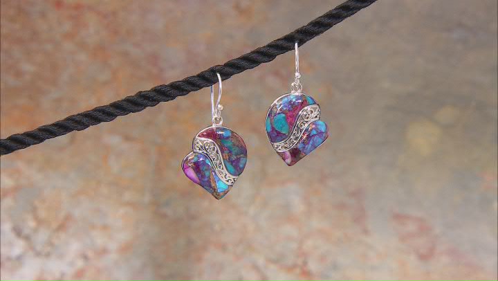 Blended Purple Spiny Oyster Shell & Turquoise Rhodium Over Silver Heart Earrings Video Thumbnail