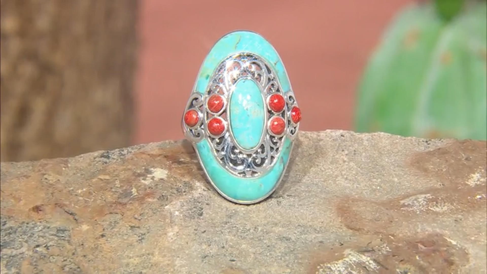 Turquoise and Coral Rhodium Over Sterling Silver Ring Video Thumbnail