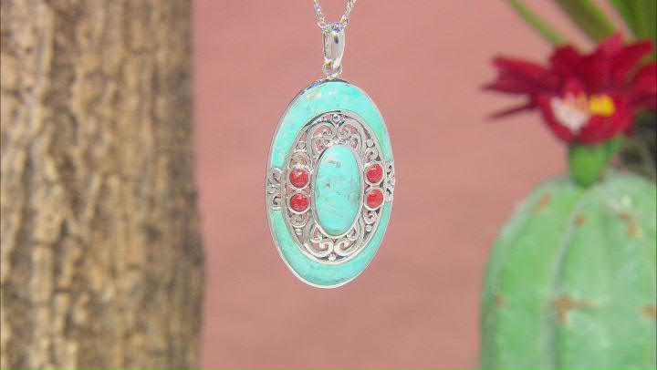 Turquoise and Coral Rhodium Over Sterling Silver Pendant with Chain Video Thumbnail