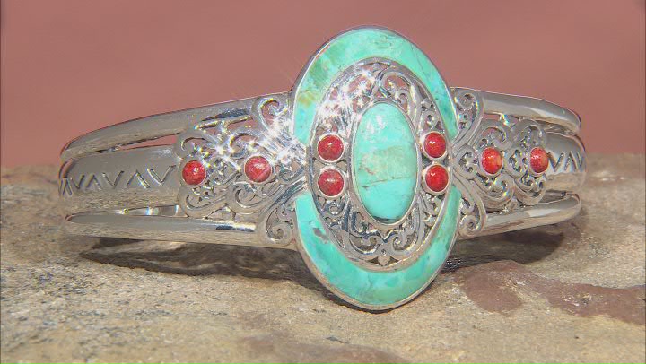 Turquoise and Coral Rhodium Over Sterling Silver Cuff Bracelet